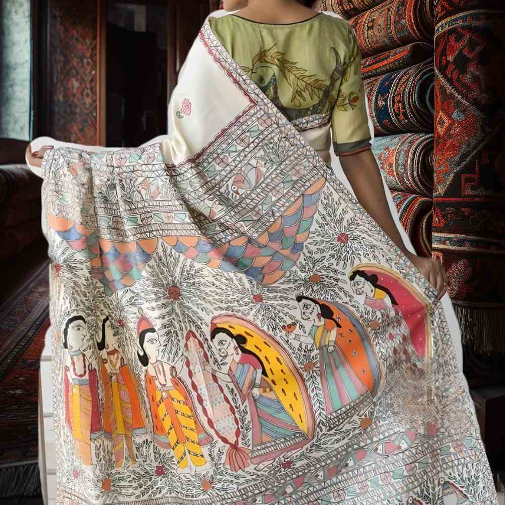 Tussar Saree with Madhubani Bride, Doli, and Kaahar Painting